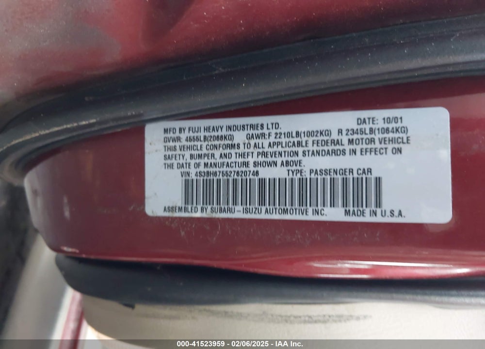 2002 SUBARU OUTBACK VIN: 4S3BH675527620746