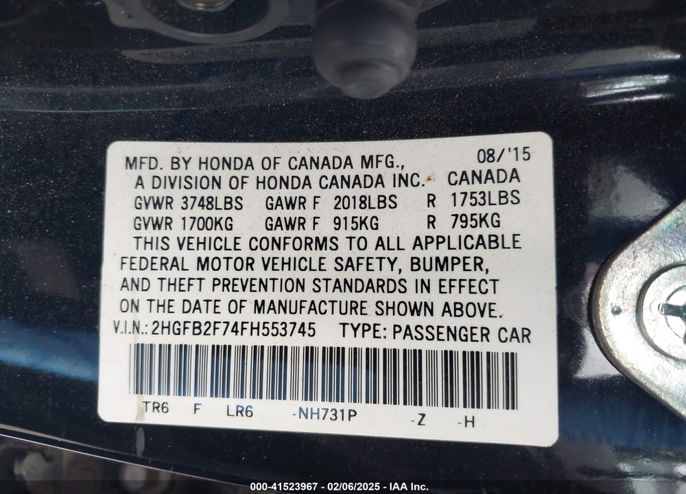 2015 HONDA CIVIC SE VIN: 2HGFB2F74FH553745