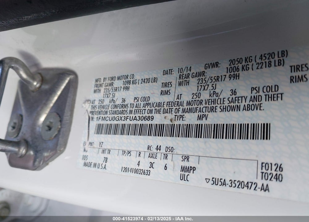 2015 FORD ESCAPE SE VIN: 1FMCU0GX3FUA30689