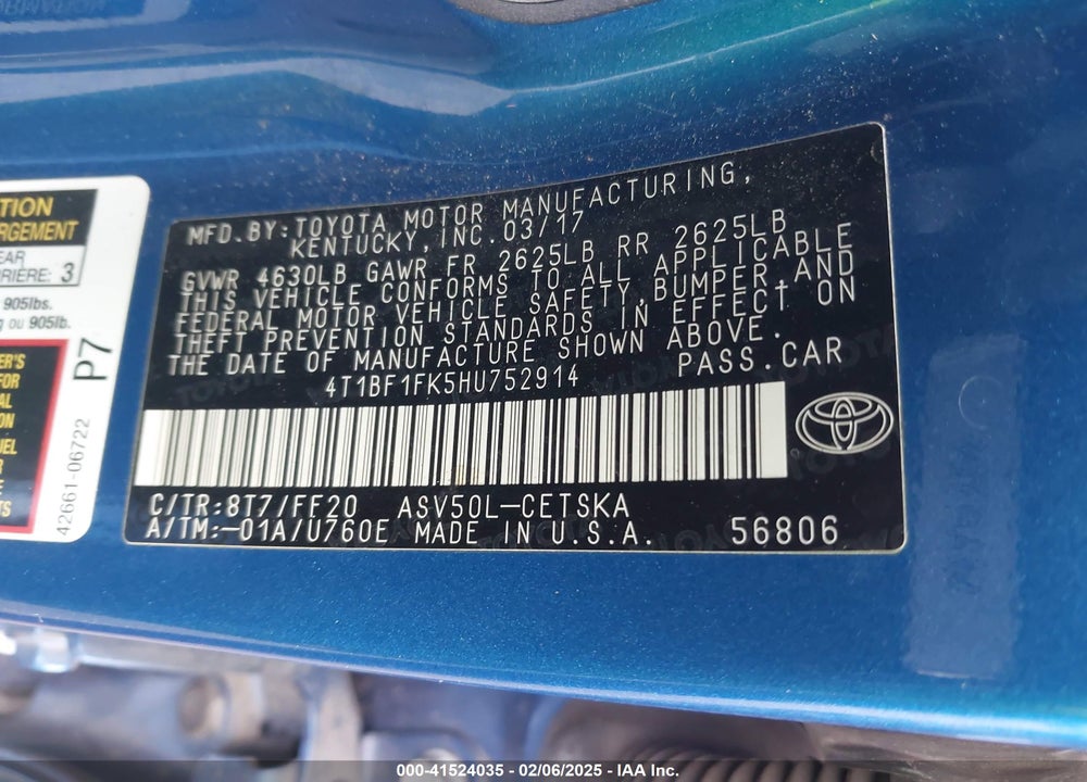 2017 TOYOTA CAMRY SE VIN: 4T1BF1FK5HU752914