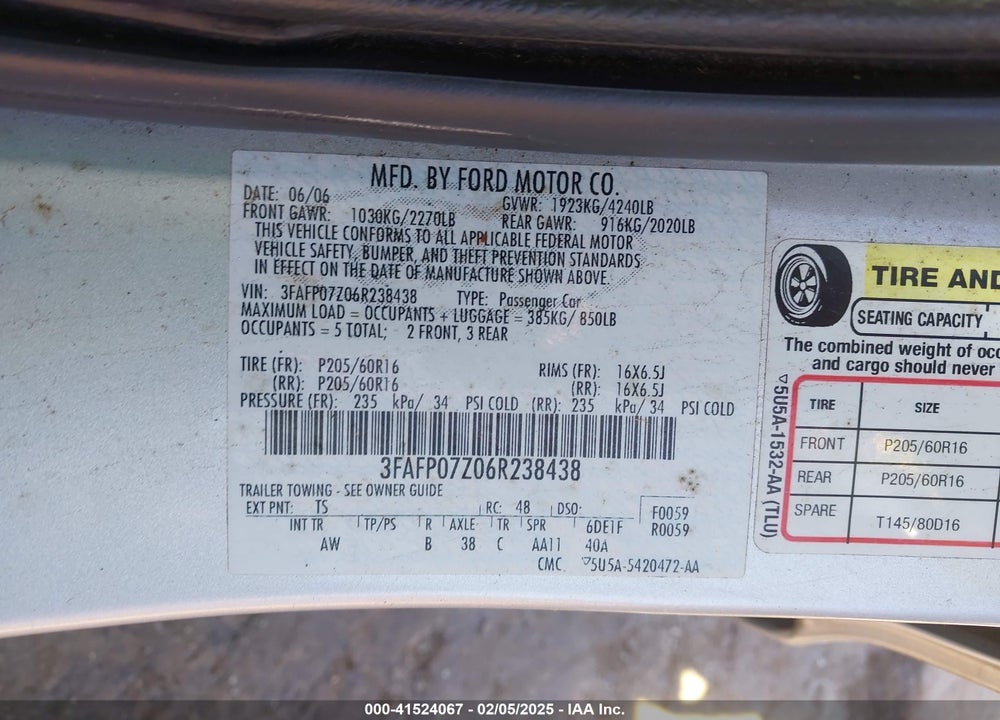 2006 FORD FUSION VIN: 3FAFP07Z06R238438
