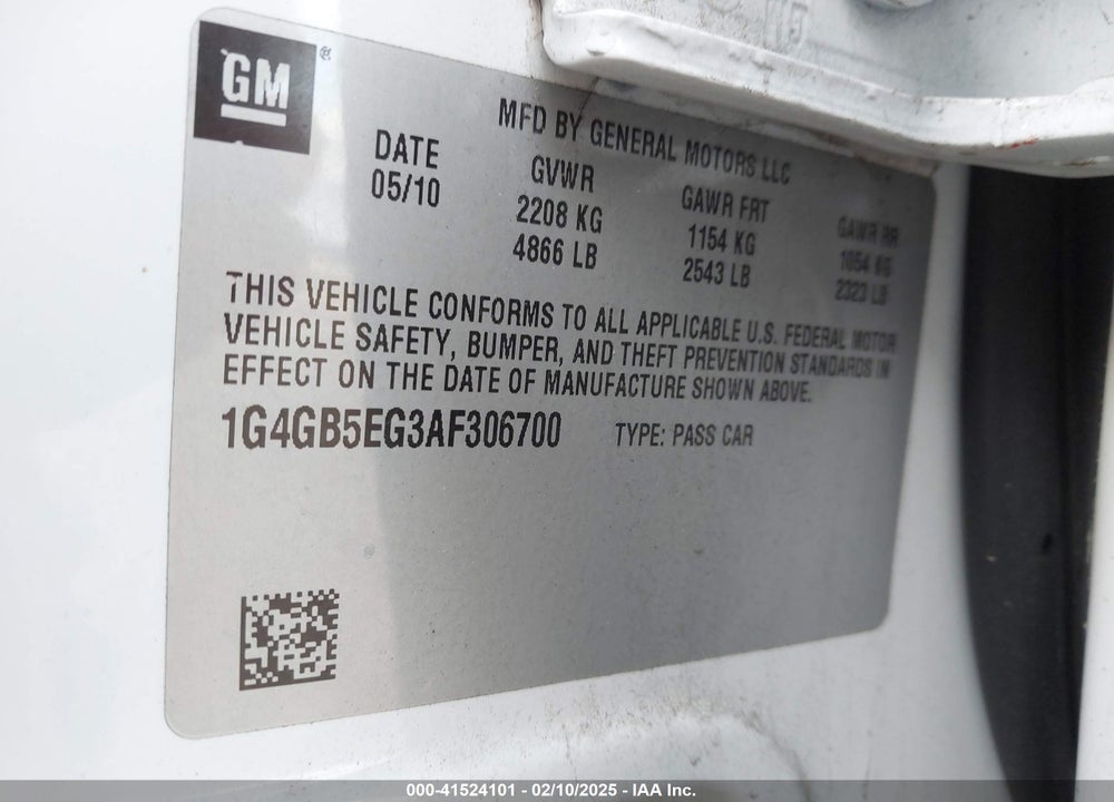 2010 BUICK LACROSSE VIN: 1G4GB5EG3AF306700