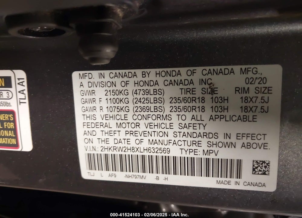 2020 HONDA CR-V AWD EX-L VIN: 2HKRW2H8XLH632569