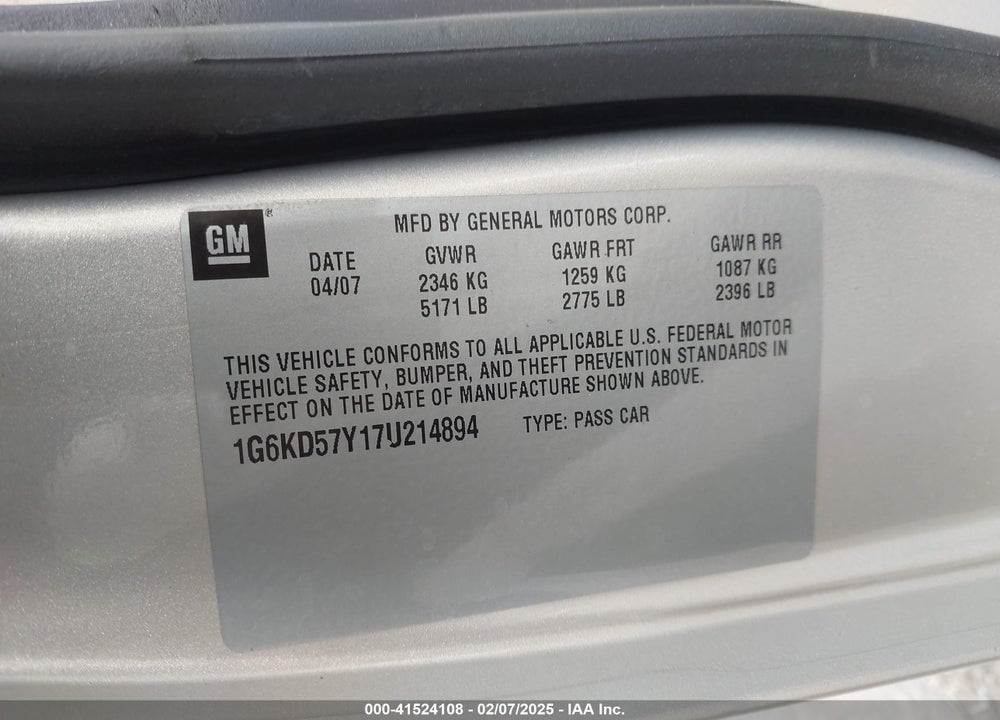 2007 CADILLAC DTS VIN: 1G6KD57Y17U214894