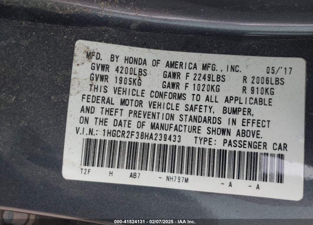 2017 HONDA ACCORD VIN: 1HGCR2F38HA239433