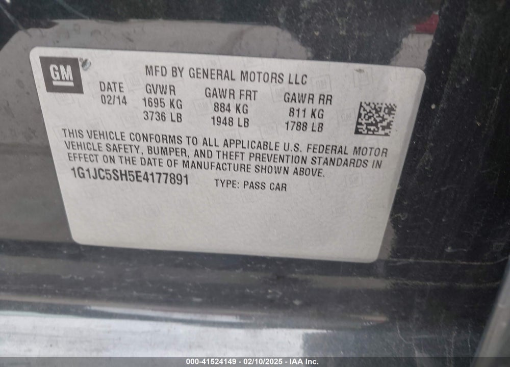 2014 CHEVROLET SONIC LT AUTO VIN: 1G1JC5SH5E4177891