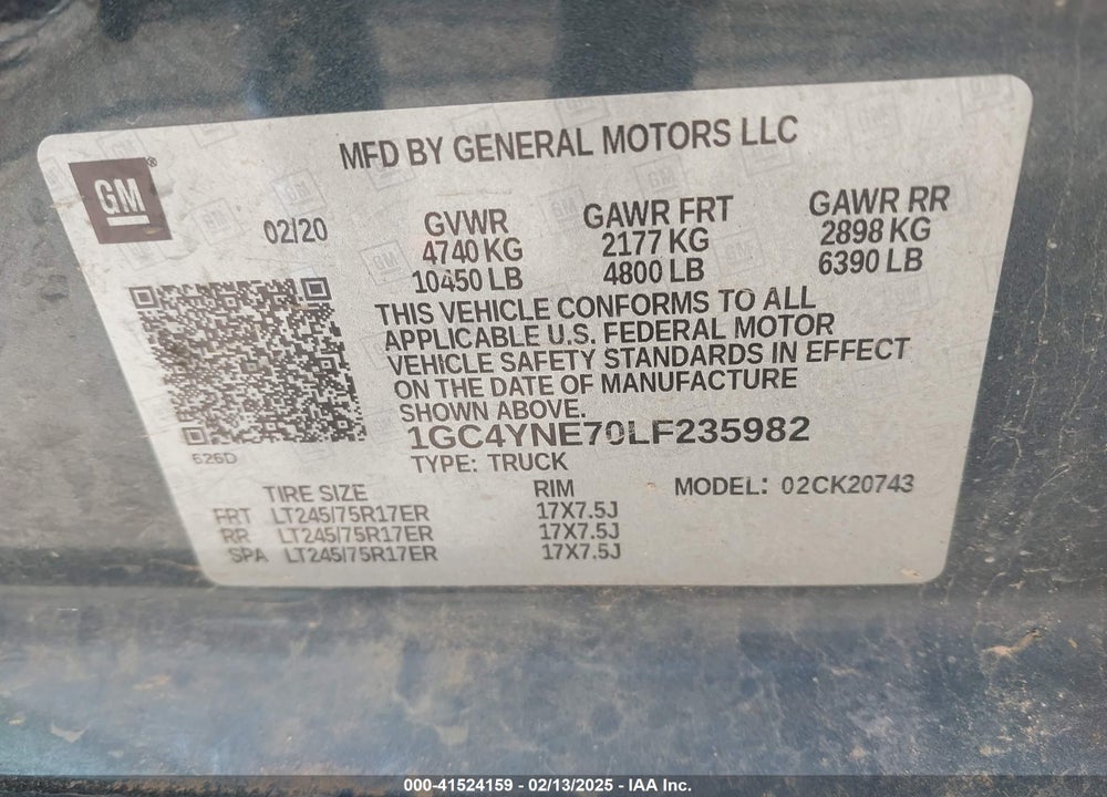 2020 CHEVROLET SILVERADO 2500HD 4WD STANDARD BED LT VIN: 1GC4YNE70LF235982