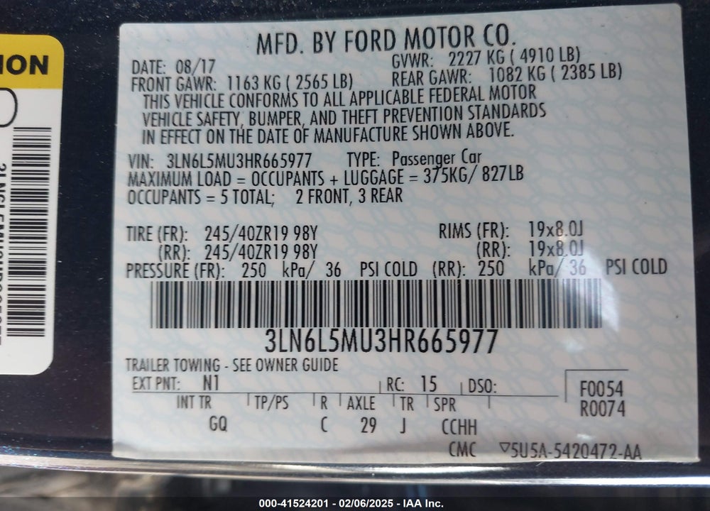 2017 LINCOLN MKZ HYBRID RESERVE VIN: 3LN6L5MU3HR665977