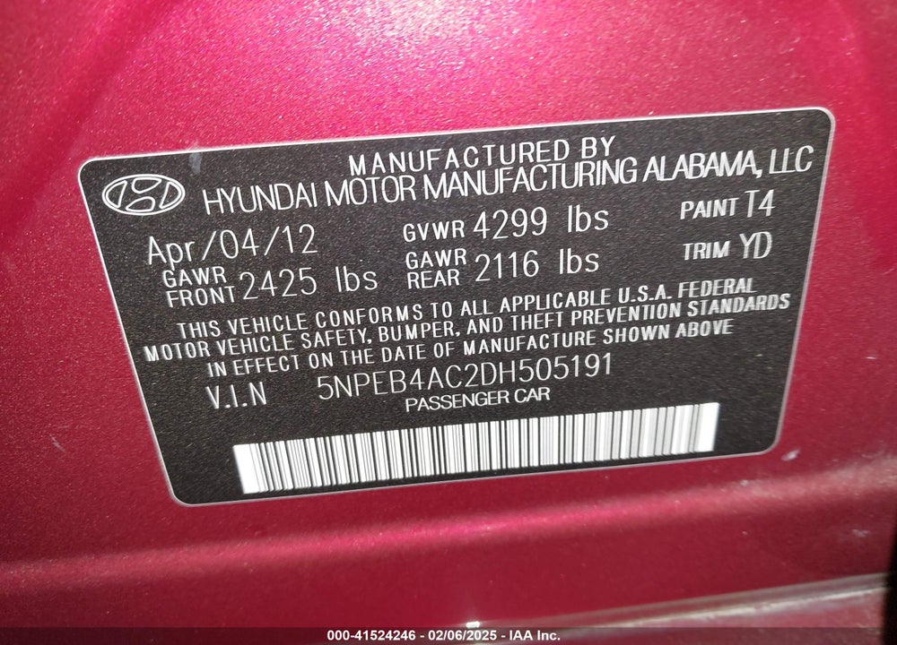 2013 HYUNDAI SONATA VIN: 5NPEB4AC2DH505191