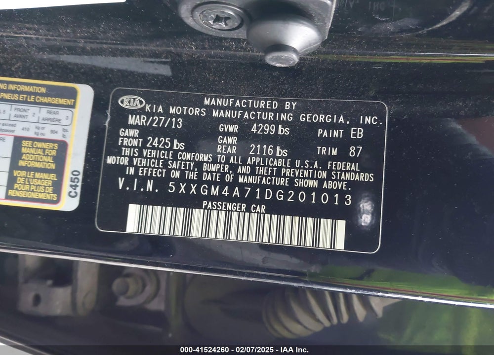 2013 KIA OPTIMA VIN: 5XXGM4A71DG201013