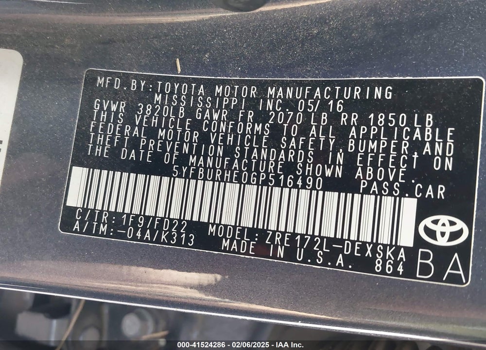 2016 TOYOTA COROLLA VIN: 5YFBURHE0GP516490