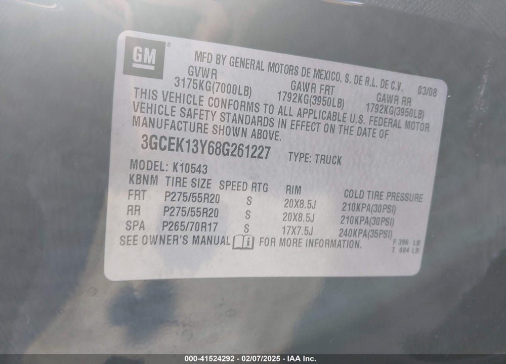 2008 CHEVROLET SILVERADO 1500 VIN: 3GCEK13Y68G261227