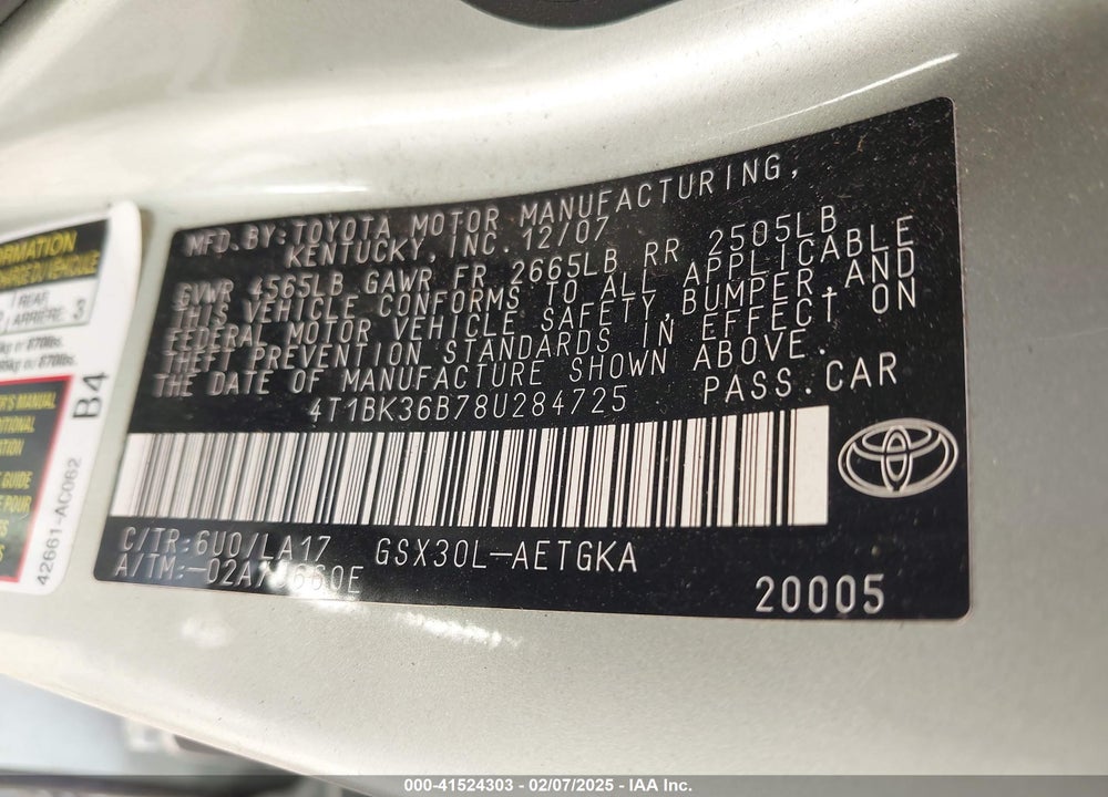 2008 TOYOTA AVALON XLS VIN: 4T1BK36B78U284725