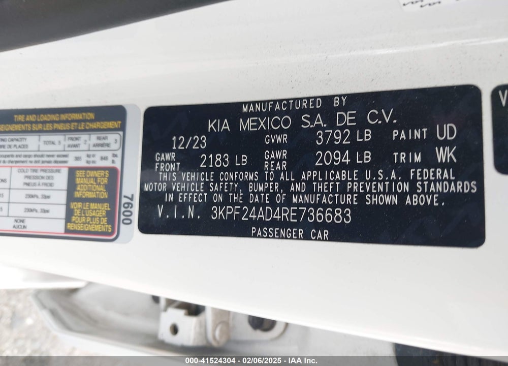 2024 KIA FORTE VIN: 3KPF24AD4RE736683