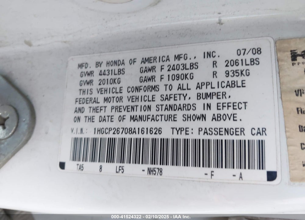 2008 HONDA ACCORD 2.4 EX VIN: 1HGCP26708A161626
