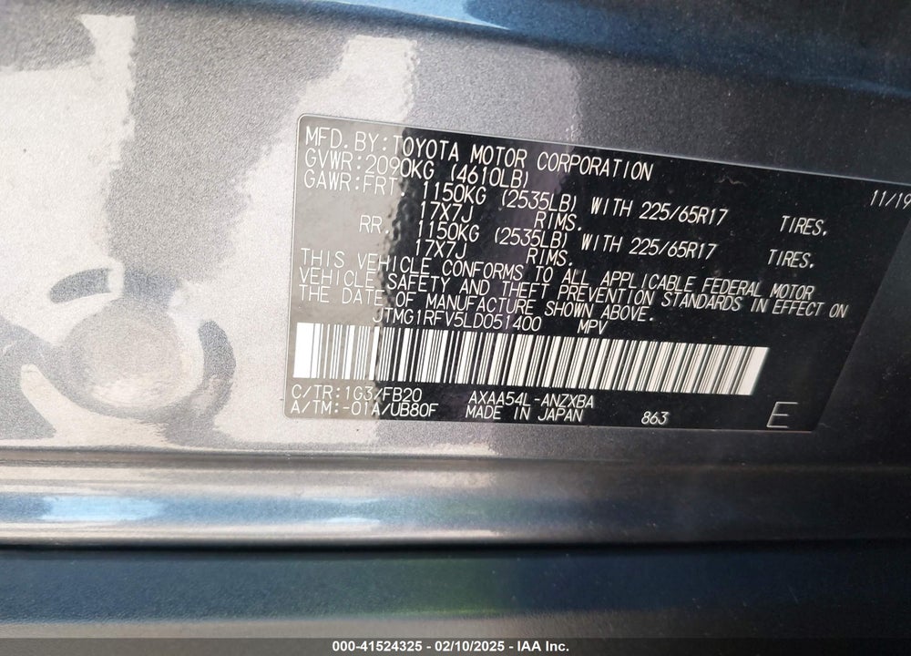 2020 TOYOTA RAV4 LE VIN: JTMG1RFV5LD051400