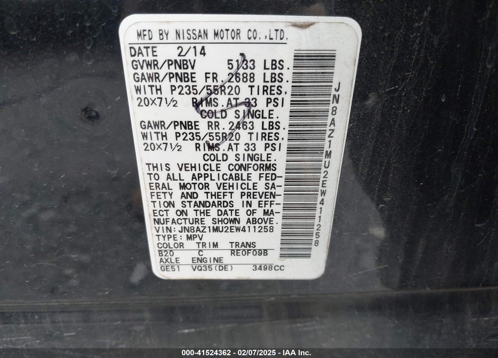 2014 NISSAN MURANO LE/S/SL/SV VIN: JN8AZ1MU2EW411258