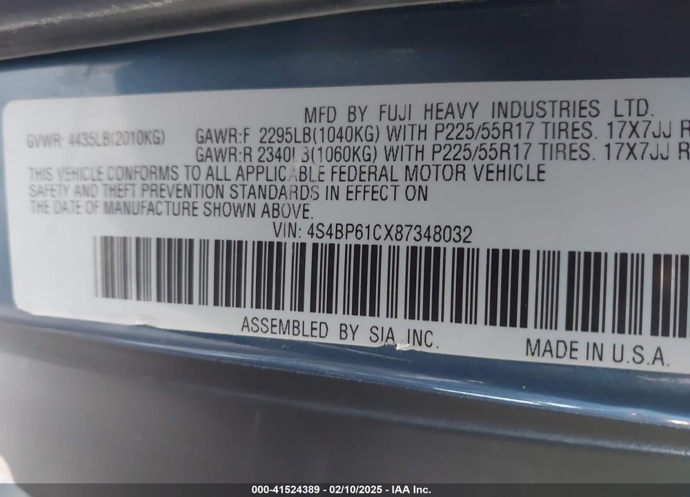 2008 SUBARU OUTBACK VIN: 4S4BP61CX87348032