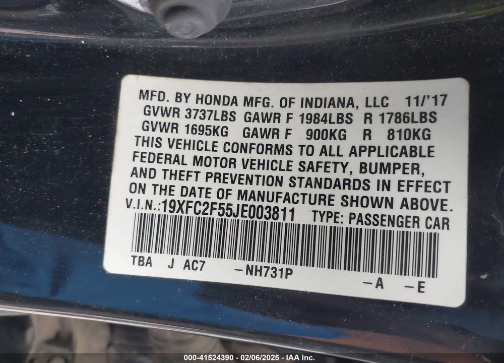 2018 HONDA CIVIC VIN: 19XFC2F55JE003811