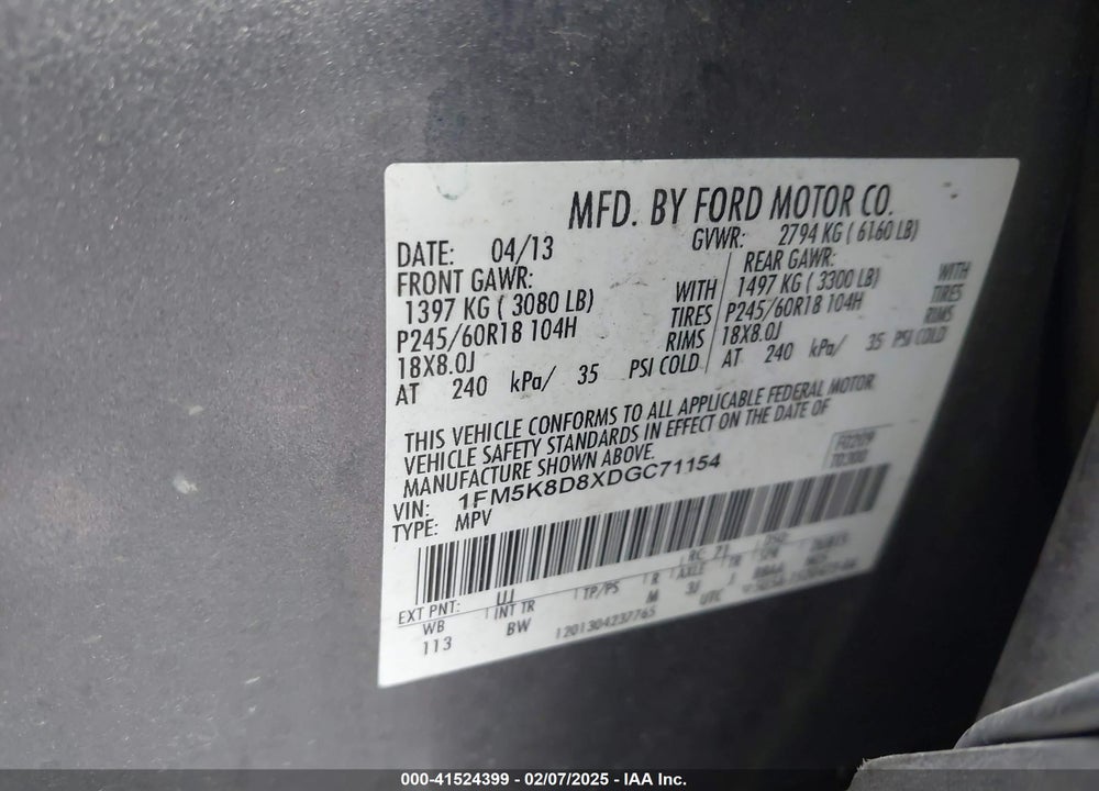 2013 FORD EXPLORER XLT VIN: 1FM5K8D8XDGC71154