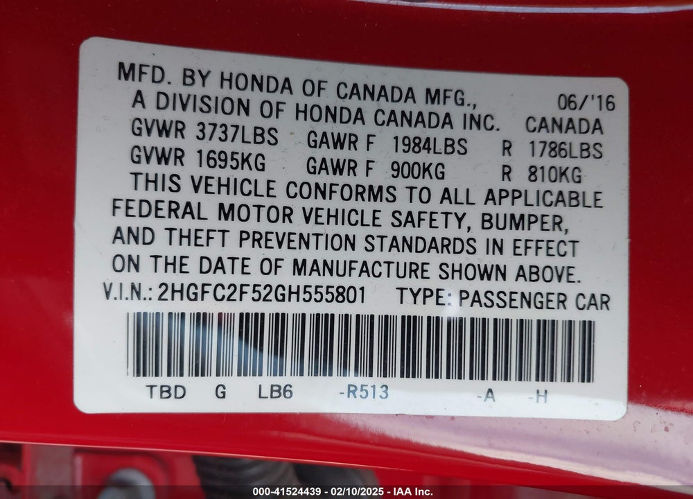 2016 HONDA CIVIC VIN: 2HGFC2F52GH555801
