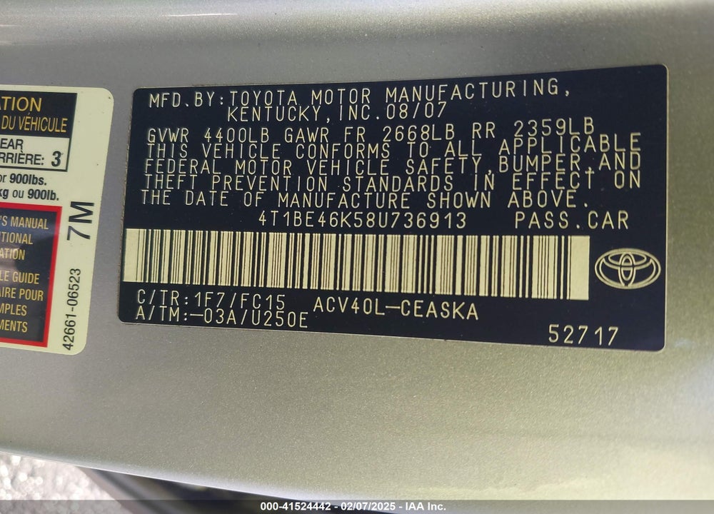 2008 TOYOTA CAMRY VIN: 4T1BE46K58U736913