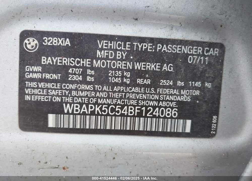 2011 BMW 328I VIN: WBAPK5C54BF124086