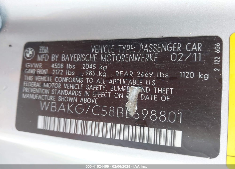 2011 BMW 335 VIN: WBAKG7C58BE598801