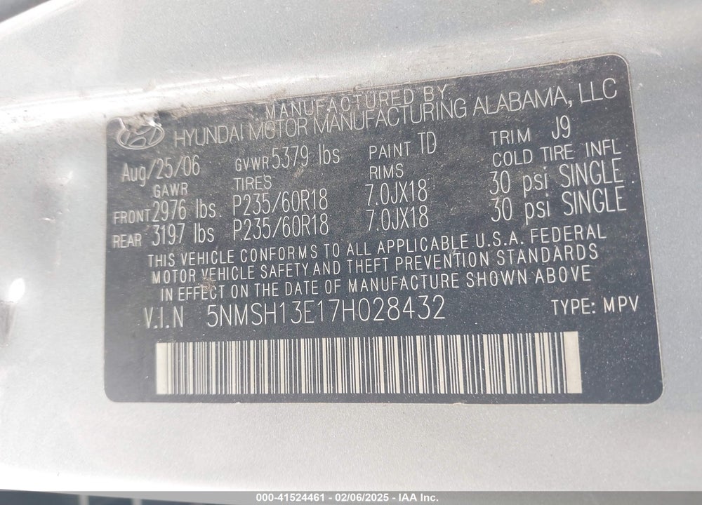 2007 HYUNDAI SANTA FE VIN: 5NMSH13E17H028432