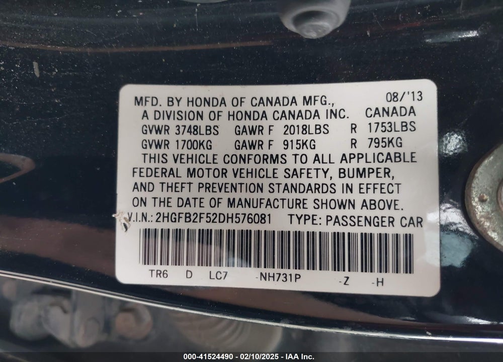 2013 HONDA CIVIC LX VIN: 2HGFB2F52DH576081