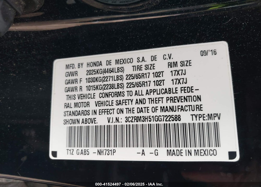 2016 HONDA CR-V EX VIN: 3CZRM3H51GG722588