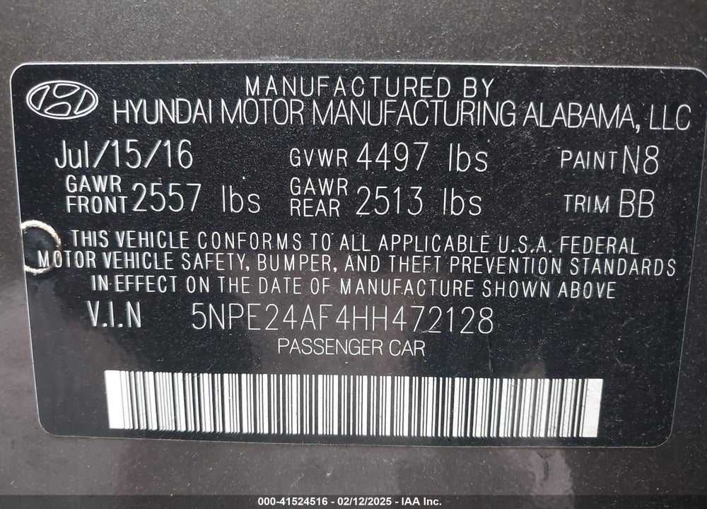 2017 HYUNDAI SONATA VIN: 5NPE24AF4HH472128
