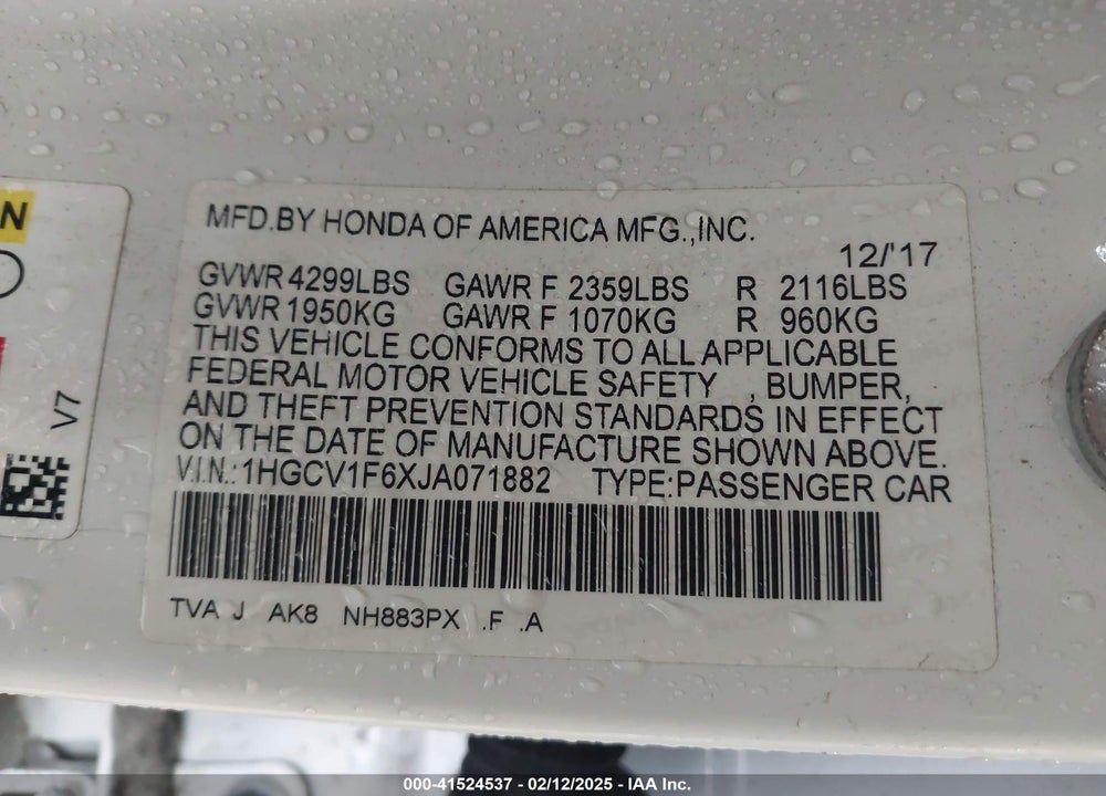 2018 HONDA ACCORD VIN: 1HGCV1F6XJA071882