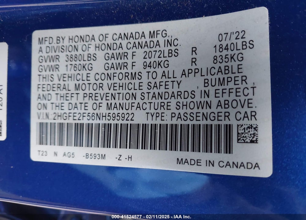 2022 HONDA CIVIC VIN: 2HGFE2F56NH595922