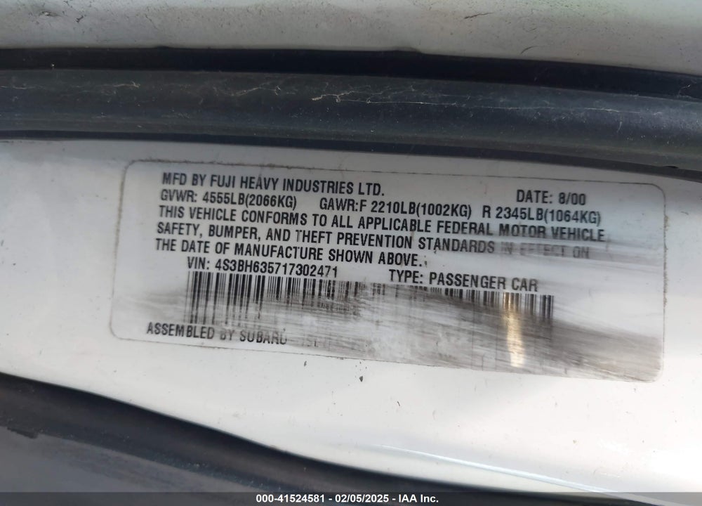 2001 SUBARU LEGACY L VIN: 4S3BH635717302471