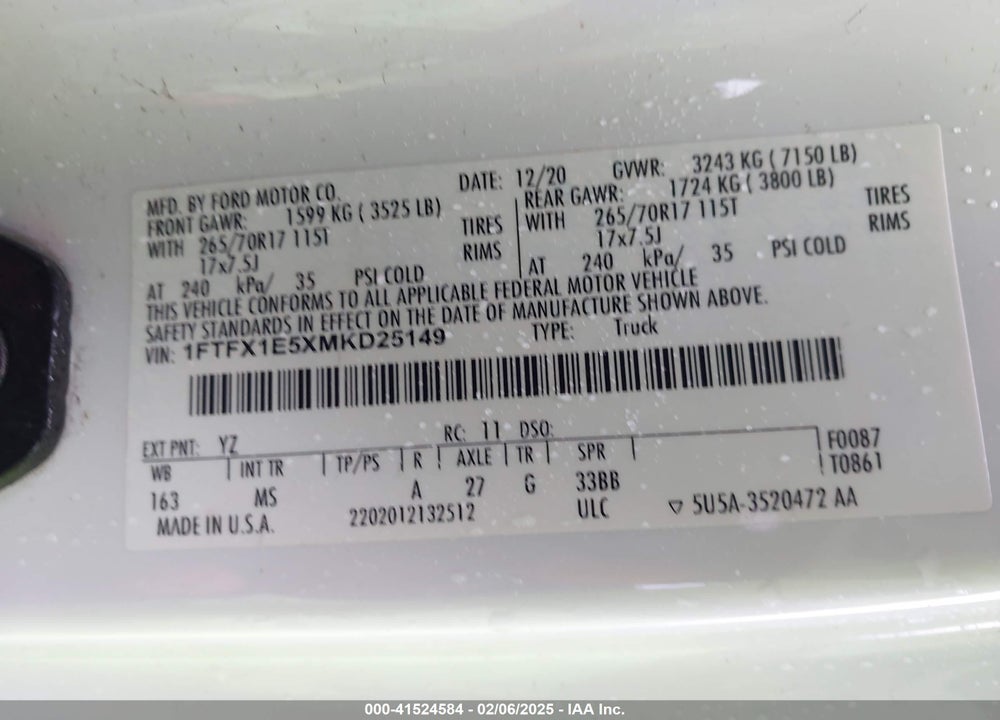 2021 FORD F-150 VIN: 1FTFX1E5XMKD25149