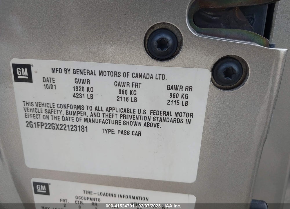2002 CHEVROLET CAMARO VIN: 2G1FP22GX22123181