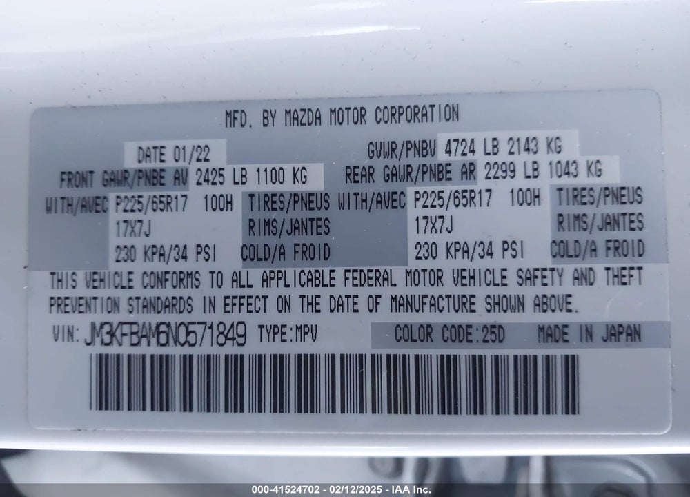 2022 MAZDA CX-5 VIN: JM3KFBAM6N0571849