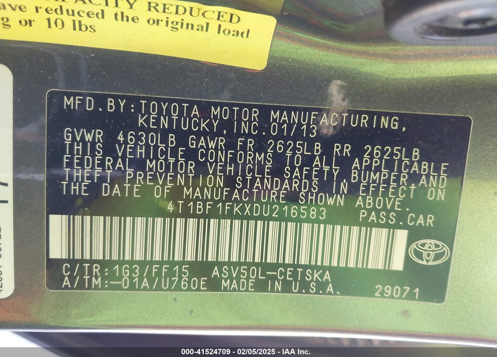 2013 TOYOTA CAMRY SE VIN: 4T1BF1FKXDU216583