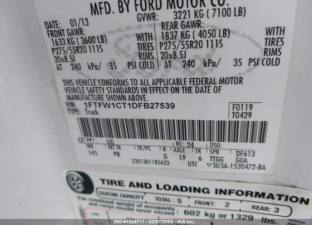 2013 FORD F-150 VIN: 1FTFW1CT1DFB27539
