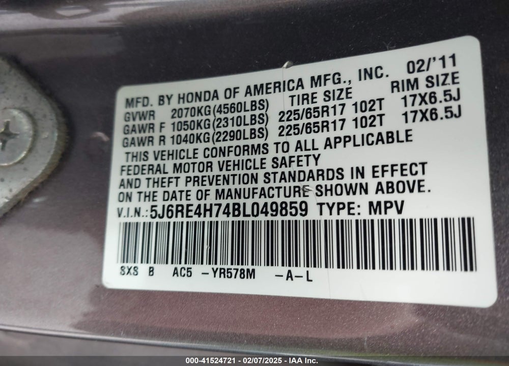 2011 HONDA CR-V EX-L VIN: 5J6RE4H74BL049859