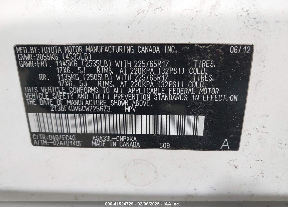 2012 TOYOTA RAV4 VIN: 2T3BF4DV6CW225673