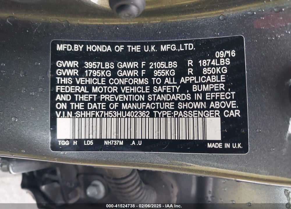 2017 HONDA CIVIC VIN: SHHFK7H53HU402362