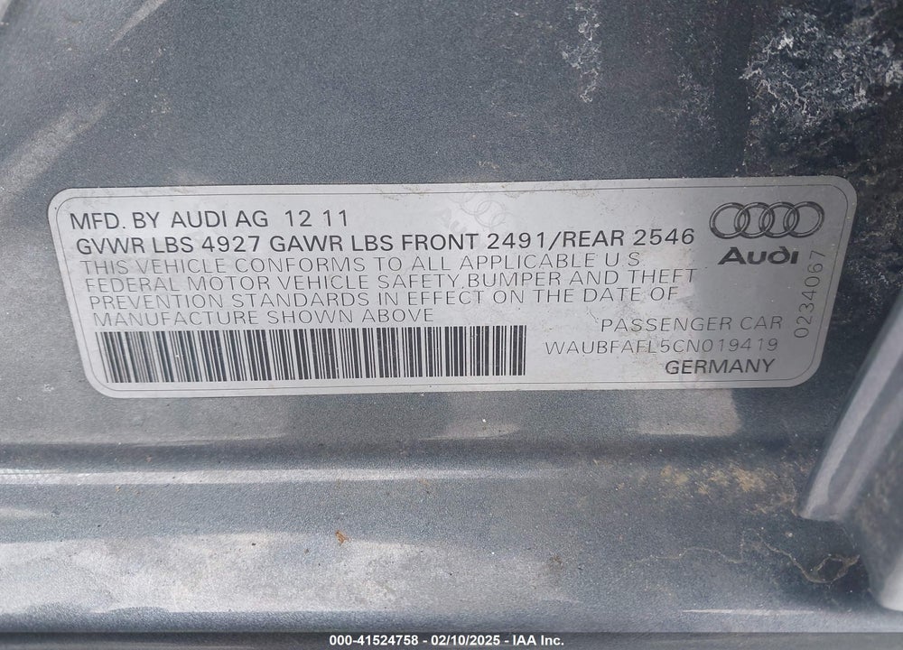 2012 AUDI A4 2.0T PREMIUM VIN: WAUBFAFL5CN019419