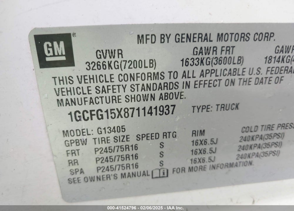 2007 CHEVROLET EXPRESS WORK VAN VIN: 1GCFG15X871141937