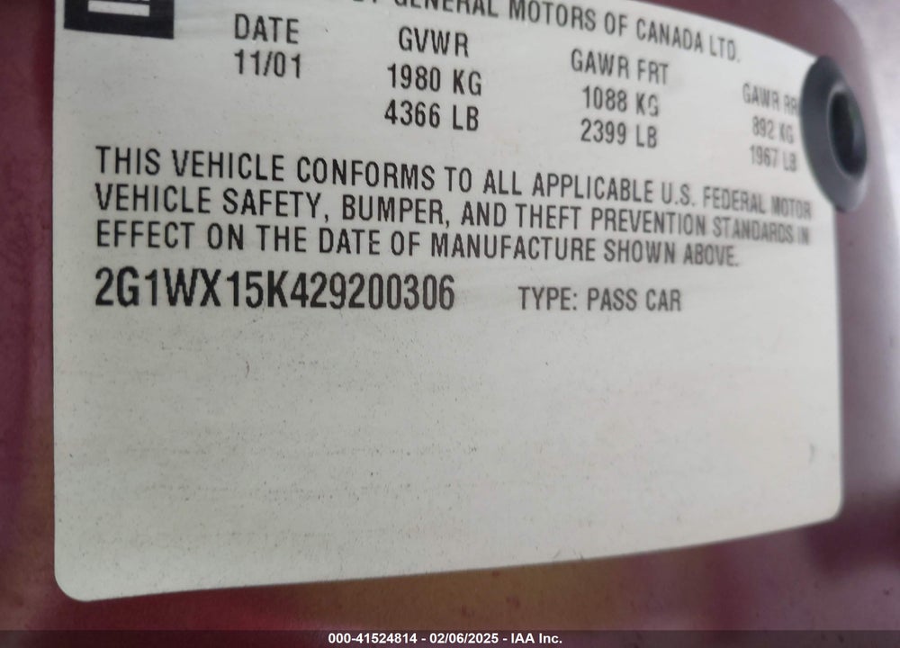 2002 CHEVROLET MONTE CARLO SS VIN: 2G1WX15K429200306