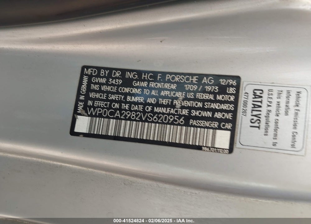 1997 PORSCHE BOXSTER VIN: WP0CA2982VS620956