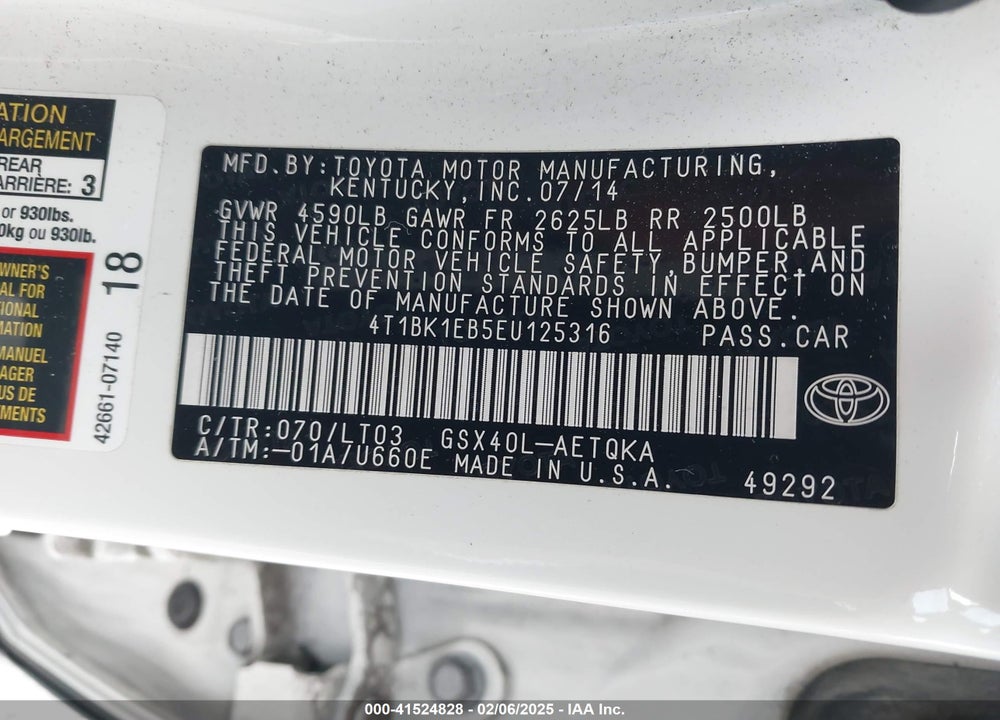2014 TOYOTA AVALON VIN: 4T1BK1EB5EU125316