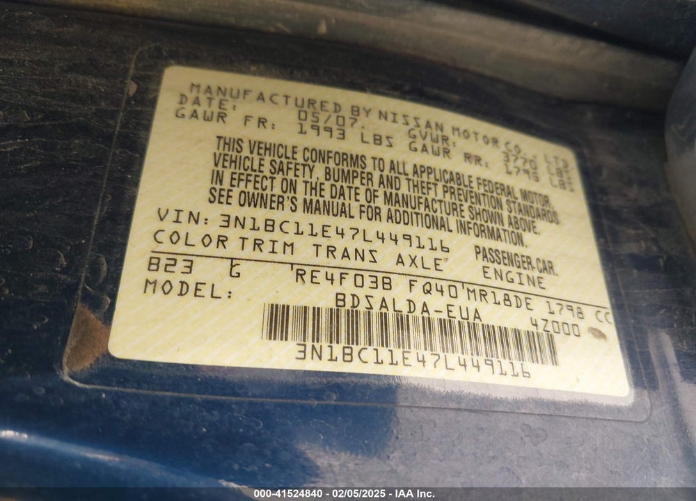 2007 NISSAN VERSA VIN: 3N1BC11E47L449116
