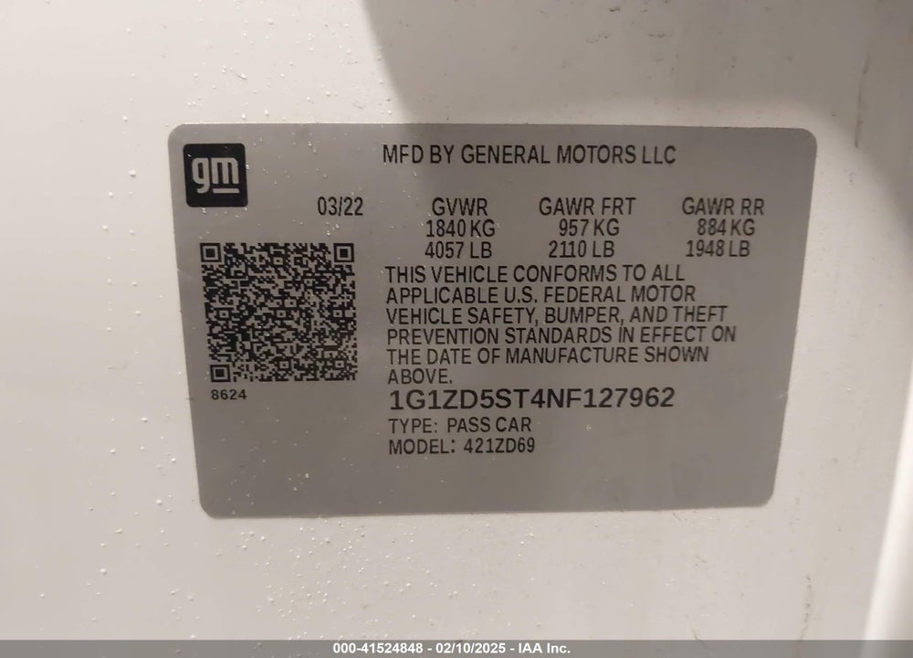 2022 CHEVROLET MALIBU VIN: 1G1ZD5ST4NF127962